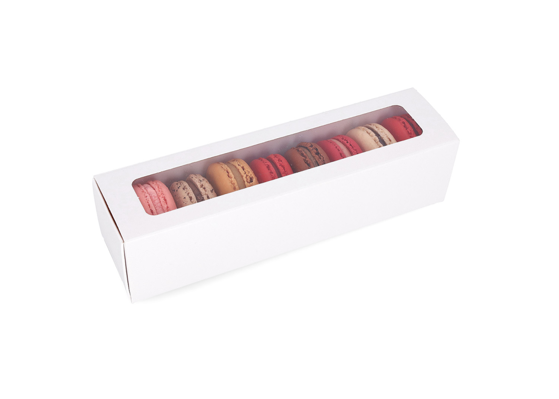 MAC-1/B: 200 x 50 x 50 mm, Baltas krāsas kastīte saldumiem un macarons cepumiem ar caurspīdīgu lodziņu (10gab.) 1