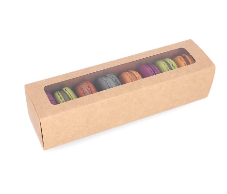 MAC-1/B: 200 x 50 x 50 mm, Brūna krāsa saldumu un macarons cepumu kastīte ar caurspīdīgu lodziņu (10gab.) 1