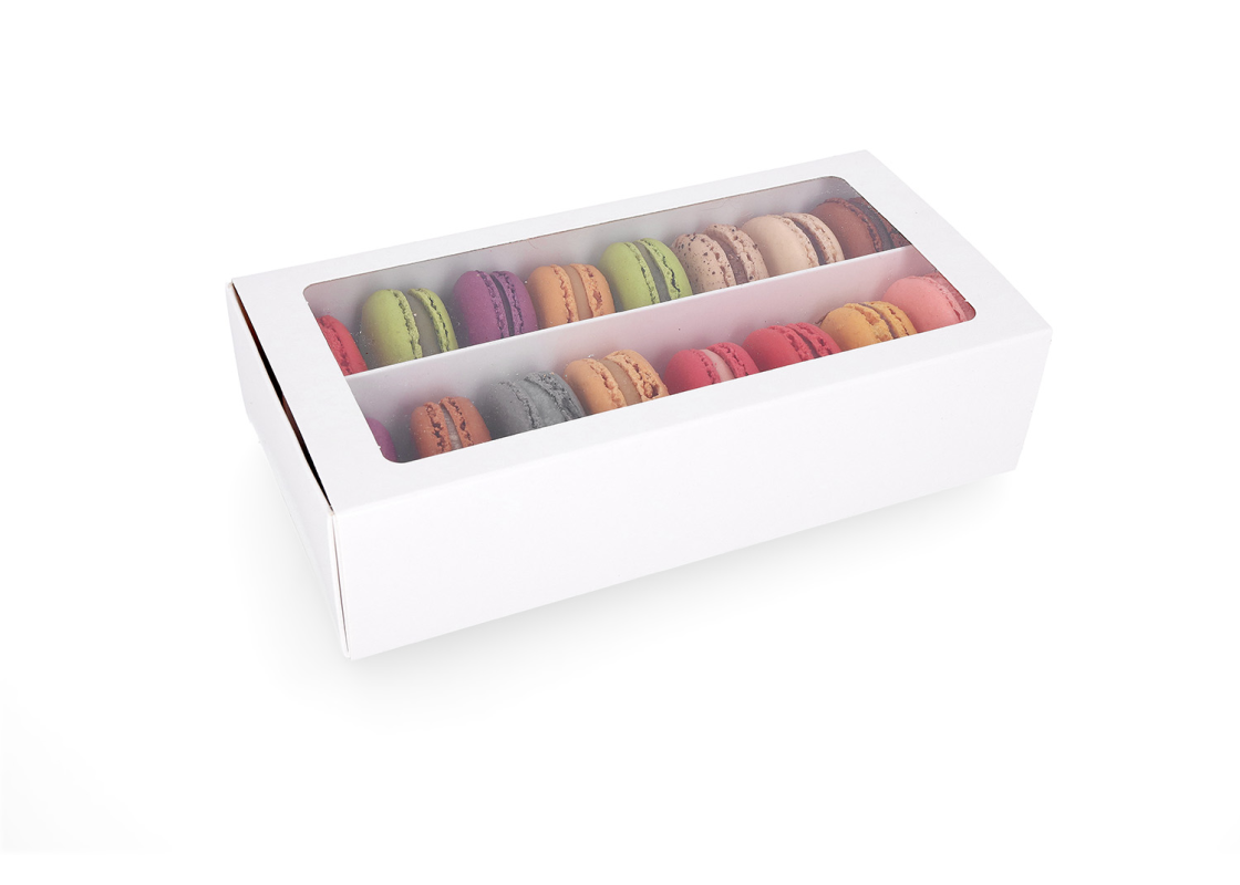 MAC-2/B: 200 x 100 x 50 mm, Balta krāsa saldumu un macarons cepumu kastīte ar caurspīdīgu logu (10gab.) 1