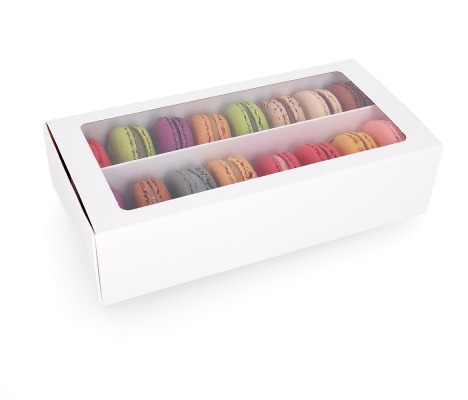 MAC-2/B: 200 x 100 x 50 mm, Balta krāsa saldumu un macarons cepumu kastīte ar caurspīdīgu logu (10gab.) 1