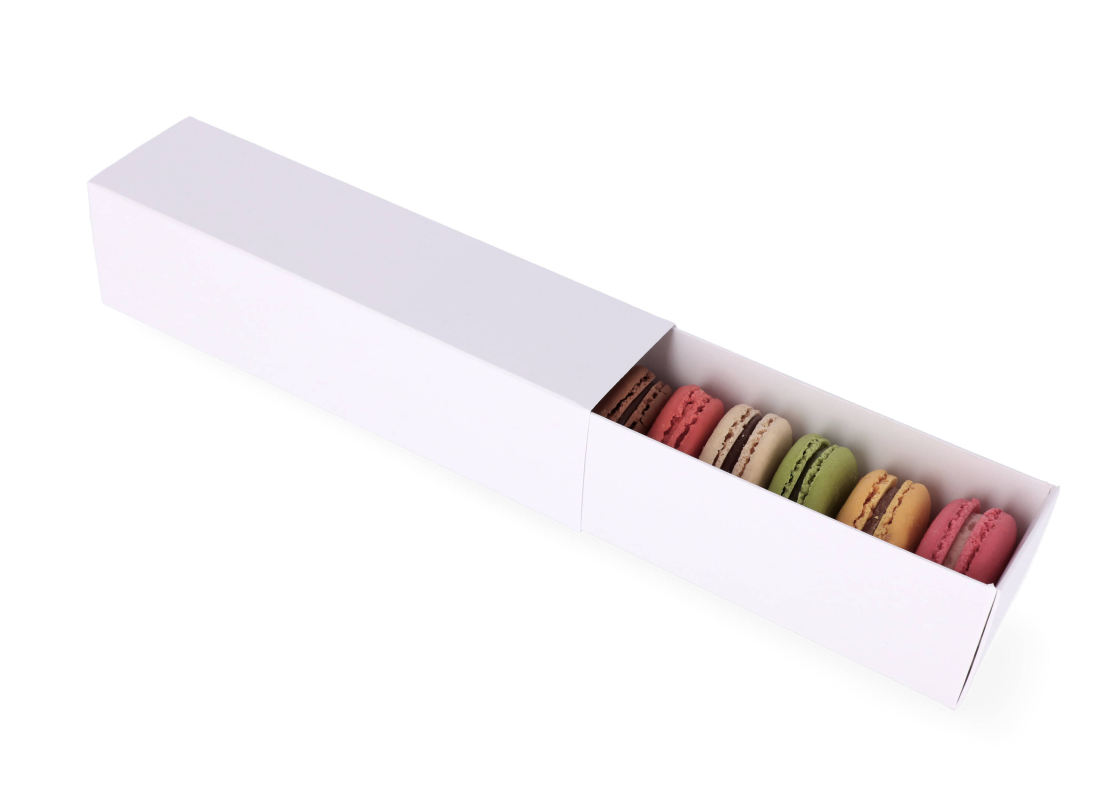 MAC-1/B: 200 x 50 x 50 mm, Baltas krāsas kastīte saldumiem un macarons cepumiem (10gab.) 1